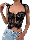 SheIn Damen Durchsichtige Spitzen BHS Bauchfrei Tops Träger Oberteil Crop Top Band auf Schulter Schwarz L