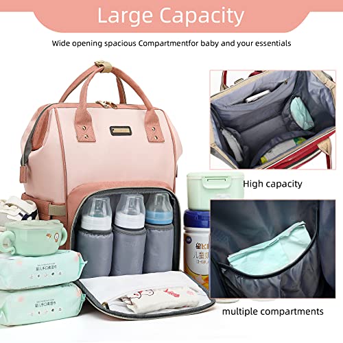 Image of Diaper Bag Backpack, Diaper Bags for Baby Girls Boys, Baby Bags for Moms Dads, Nappy Changing Bag with Insulated Pockets,Multi-functional Waterproof Backpack with Stroller straps -Pink light pink