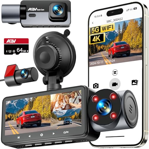 AQV Dashcam Voiture Avant Arrière Intérieur，5G WiFi 4K/2.5K+1080P+1080P Triple Camera Voiture,...