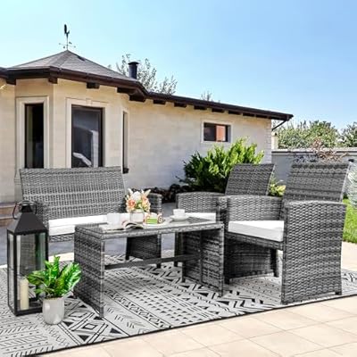 Shintenchi 4 Piece Patio Ratten Set Outdoor Furniture Set Wicker Conversation Set with Cushions and Tempered Glass Tabletop,Beige