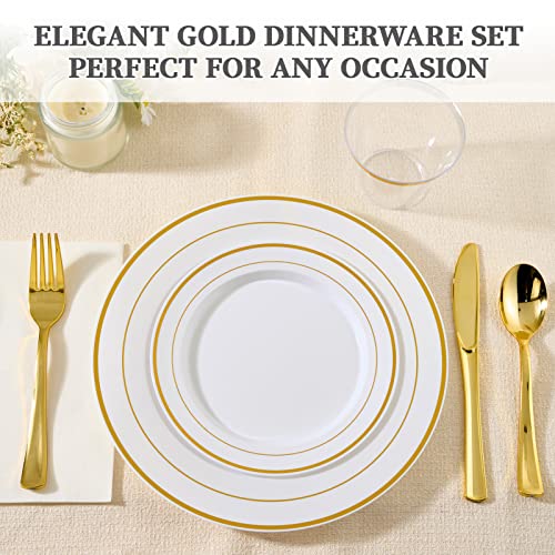 FOCUSLINE 600 Ct Gold Dinnerware Set for 100 Guests - Gold Rimmed Disposable Plastic Plates, Includes 100 Dinner & Salad Plates, Cups, Cutlery Set for Wedding Parties
