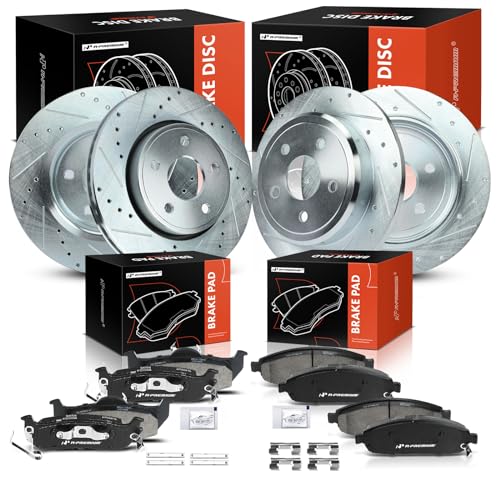 A-Premium Front and Rear Drilled and Slotted Disc Brake Rotors + Ceramic Pads Kit Compatible with Select Jeep Models - Grand Cherokee 2005-2010, Commander 2006-2010, 12-PC Set