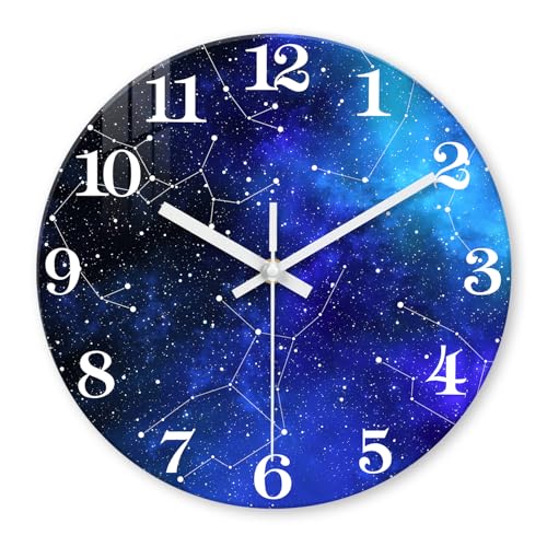 Image of XFM Blue Space Galaxy Wall Clock 12 Inch Silent Non-Ticking | Battery Operated Round Modern Glass Decorative for Living Room Kitchen Bedroom Office