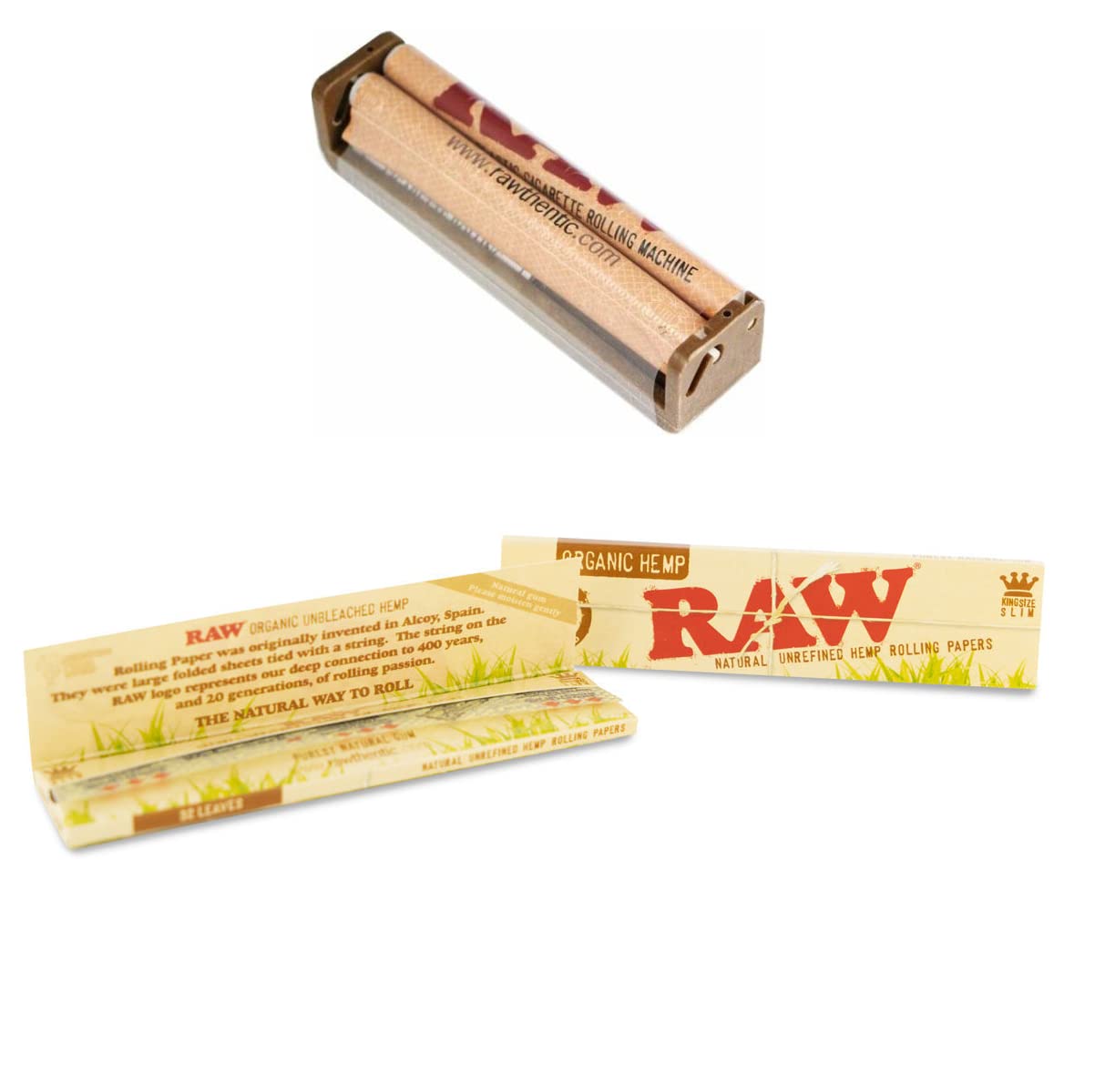 Raw 110mm KS King Size Plastic Rolling Machine & 2 x Raw Organic King Size Slim Papers