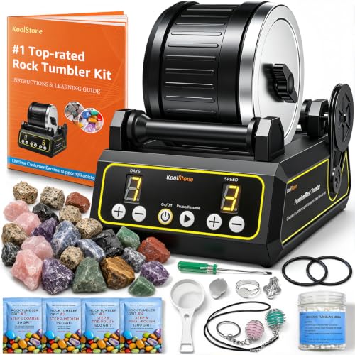 KoolStone C1 Rock Tumbler Kit - Large 2.5LB Rotary Rock Tumbler for Adults & Hobbyists, Quiet Rubber Barrel, Adjustable Timer & Speed, Complete Gem Polishing Kit with Memory Function