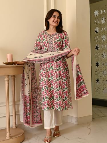 Image of GoSriKi Women's Rayon Viscose Printed Straight Kurta with Pant & Dupatta