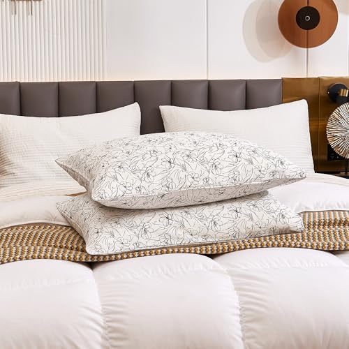 Image of ECOCOTT 2 Pack Pillowcase Queen Size with White & Black Floral Pillow Cases Set, 100% Cotton Queen Pillow Covers Envelope Closure (Queen, 20 inchx30 inch)