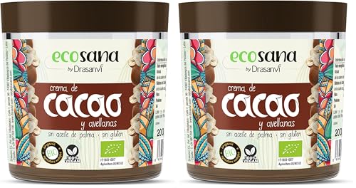 ECOSANA CREMA DE CACAO Y AVELLANAS CERTIFICADO BIO by DRASANVI - Ingredientes de procedencia ecológica - SIN aceite de palma - VEGANO - SIN GLUTEN - 200g (Paquete de 2)