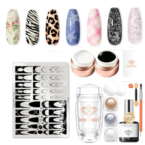 Image of modelones 16 PCS Fall Nail Stamping Plate Set, French Oval Chain Nail Stamping Plate