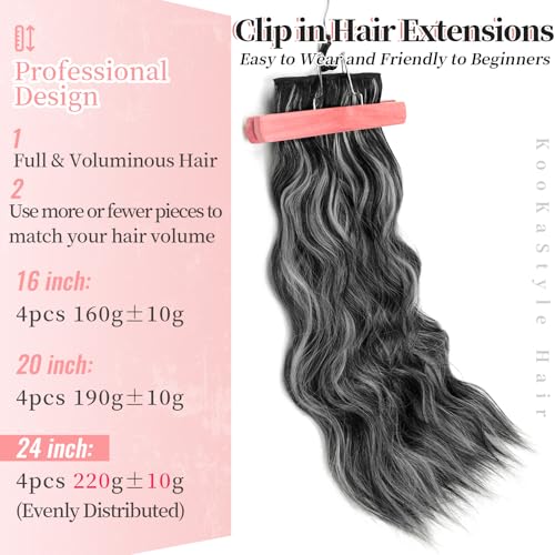 Image of KooKaStyle Wavy Thick Clip in Hair Extensions 24 inch Black and White Mix | 4 Pieces Clip in Extensions,Fiber Double Weft Hairpieces,Natural Volume,Highlight Wave Long Synthetic Hairpieces for Women