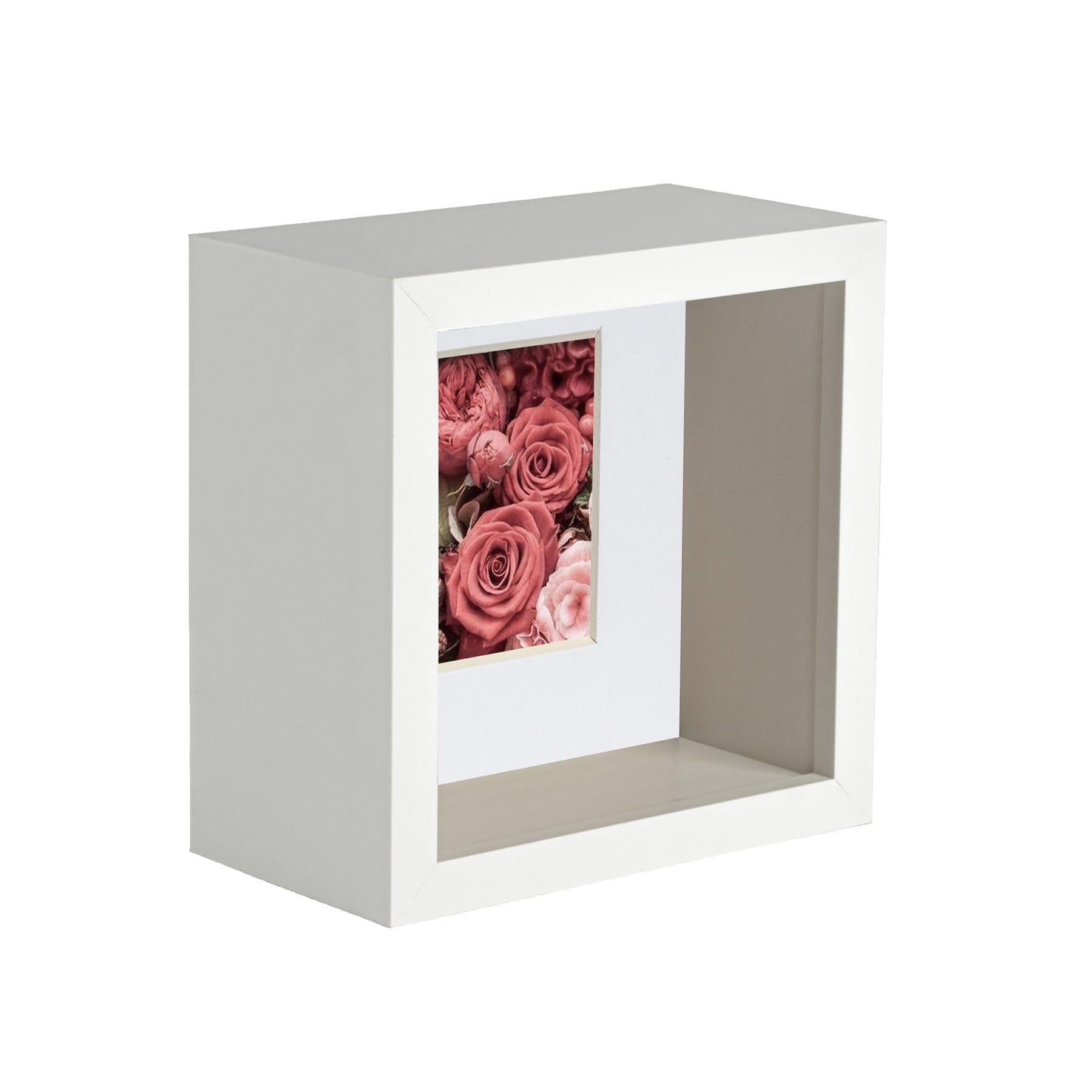Nicola Spring 4 x 4 3D Shadow Deep Box Photo Frame - Craft Display Picture Frame with 2 x 2 Mount - White