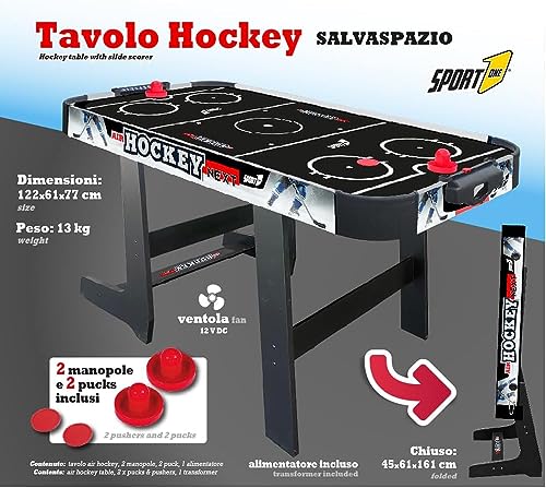 Sport1 Air Hockey Next Vertikaler Klapptisch Air Mini mit Lüfter 12 V Platzsparender Air-Hockey-Tisch Maße 121 x 60 x 76 cm 2 Griffe und 2 Scheiben inkludiert mit integrierter Punktezähler. – Bild 3