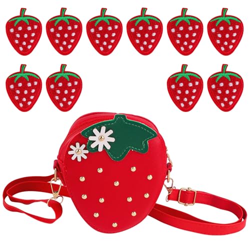 Framendino, Strawberry Shape Leather Purse Small Red Strawberries Cross Body Bag with 10 Patches Fruit Shoulder Bags for Women