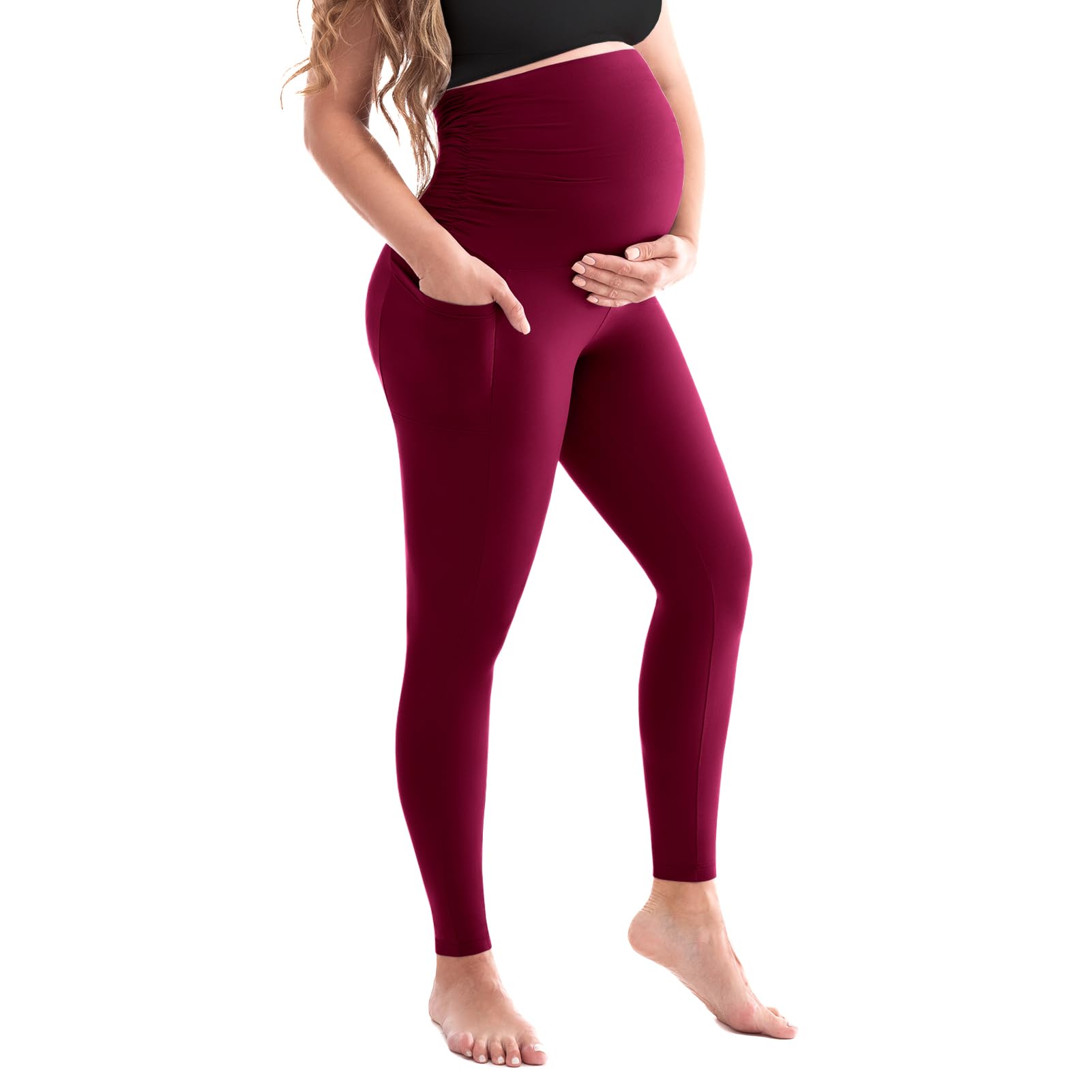 SINOPHANT Damskie legginsy ciążowe z wysoką talią, spodnie ciążowe z kieszeniami, nieprzezroczyste legginsy ciążowe, miękkie, elastyczne, moda ciążowa, do domu, jogi