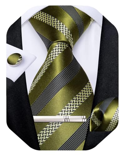 Image of DiBanGu Mens Striped Tie Silk Woven Necktie and Pocket Square Cufflinks Tie Clip Set Wedding Business Formal Gift Tie for Men