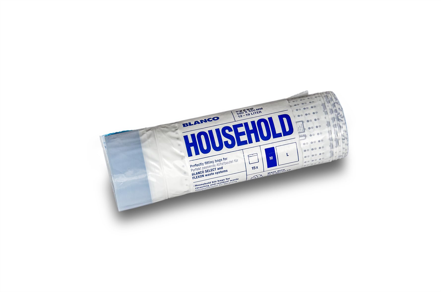 BLANCO Haushaltsmüllbeutel M 12-19 Liter | mit Zugband und Wasserdichtkeit | leicht für Recyclierung | 50% recycelter Ku