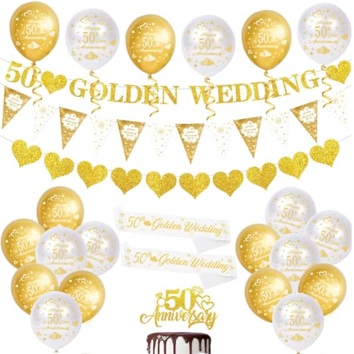 50th Wedding Anniversary Decorations Set Golden Party Supplies with Balloons Banner Bunting Flags Heart Garland Cake Topper Sashes for Couples Celebration