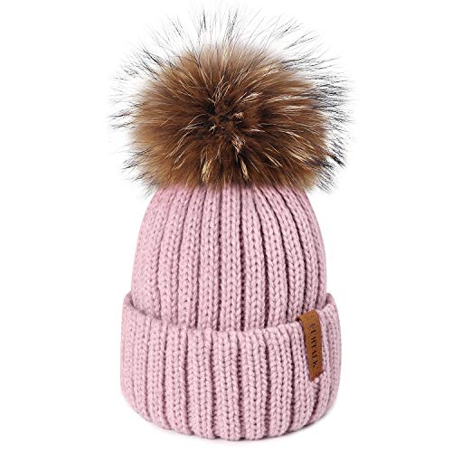 FURTALK Womens Knit Beanie Winter Hats Detachable Fur Pom Pom Hat Girls Ski Skull Cap Lotus Pink