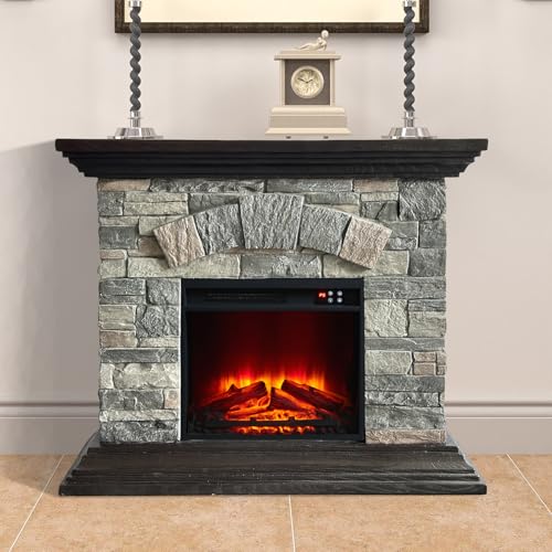 40" Electric Fireplace with Mantel,Electric Freestanding Fireplace Heater with 18" Insert Fireplacee,Stacked Stone Surround and Remote Control 3D Realistic Flame for Living Room Bedroom(Gray)