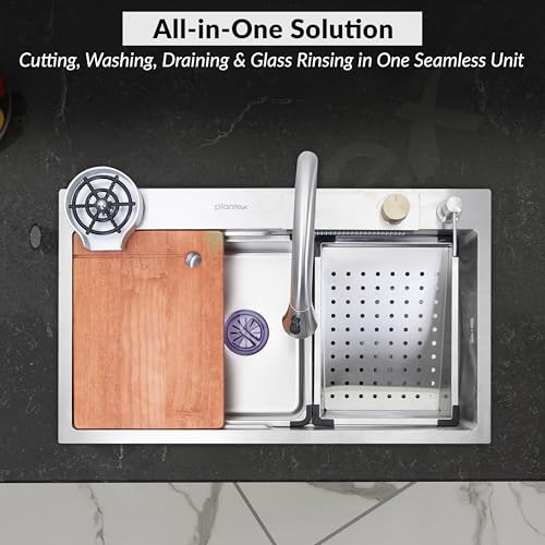 Image of Plantex 304 Grade Stainless Steel Kitchen Sink /Waterfall Kitchen Sink with Anti-Scratch Design /Sink with Pull-Down Faucet - (30 X 18 X 10 Inch, Matt)