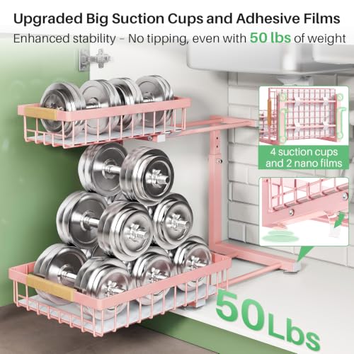 Image of Kitstorack Under Sink Organizer, 2 Tier Under the Sink Storage, Slide out Pull out Cabinet Organizer Shelf, Metal Sliding Drawer for Kitchen Bathroom Pantry Closet Organization Rack, Pink, 2 Pack
