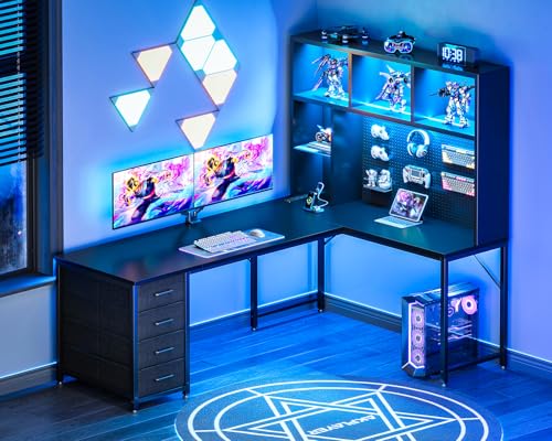 AODK 63 L Shaped Gaming Desk with Hutch Pegboard & Shelves L Shaped Desk with 4 Drawers Integrated LED Light Strip & Power Outlets Reversible PC Gaming Computer Desk Black