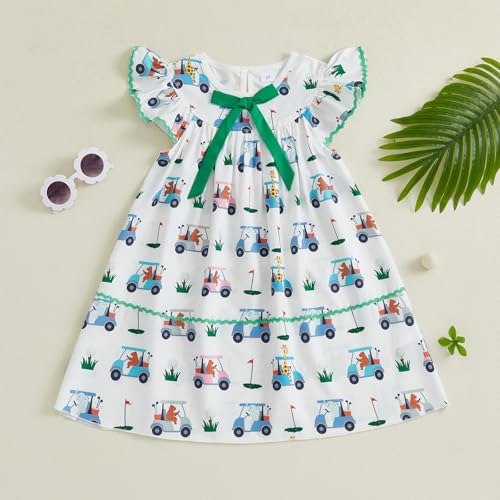 Eadrioss Toddler Little Girls Summer Sweet Dress Flying Sleeve Round Neck Golf Cart Print A-line Dresses2