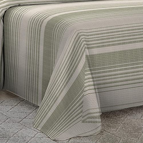 Cobre Leito King Size Com Fronhas Em Piquet Algodão 3 Peças Listrado Verde Oliva e Palha