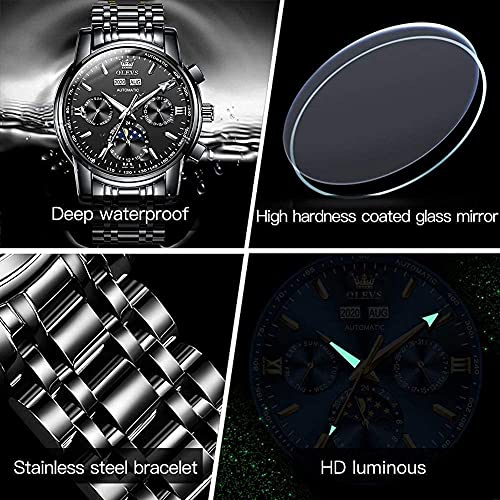 Image of OLEVS Automatic Men Watch Self Winding Mechanical Luxury Dress Moon Phase Stainless Steel Waterproof Luminous Calendar Wrist Watch
