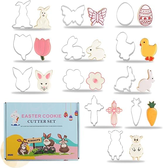 Easter Cookie Cutters Set for Baking Including Easter Bunny, Easter Egg, Chick, Flower Shaped Fondant Cutters Cookie Cutter Stamps Stencils