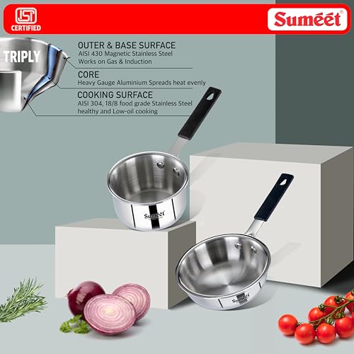 Image of Sumeet Cook Smart ISI Certified Tri-Ply (Steel - Aluminium - Steel) Set of 3 Pcs Mini FryingTadka Pan 400ml - SauceTadka Pan 450ml with Silicon Grip | Induction & Gas Friendly | 2.5mm Thick, Silver