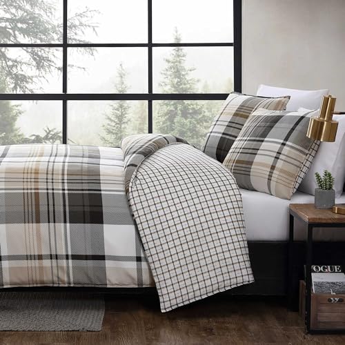 Image of Eddie Bauer- Twin Duvet Cover Set, Reversible Microsuede Bedding Set with Matching Sham, Dorm Essentials (Normandy Plaid Black /Brown)