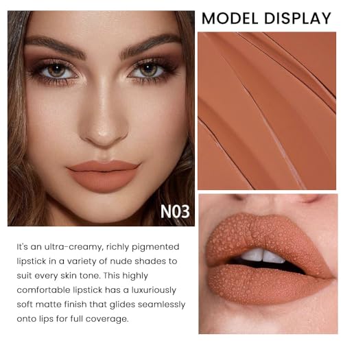Image of evpct 1Pcs Nude Light Brown Lipstick, Silky Velvet Matte Lipstick Pack Sets for Women, Long Lasting Smudge Proof Lipsticks Lip Stain Makeup Kit matte lipstick 24 hours original N03