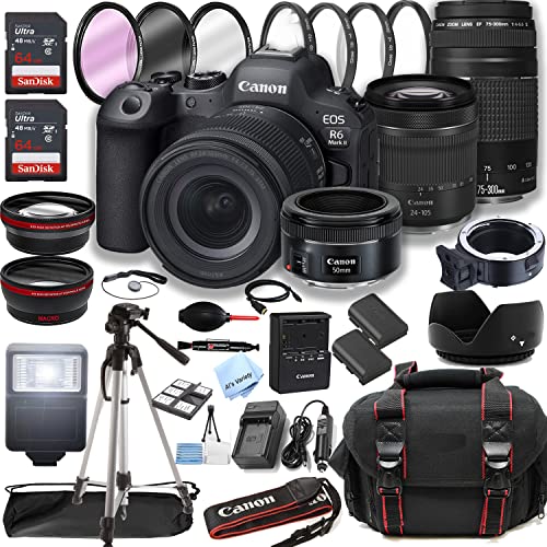 Canon EOS R6 Mark II Mirrorless Digital Camera with RF 24-105mm f/4-7.1 STM Lens + 75-300mm F/4-5.6 III Lens + 50mm f/1.8 STM Lens + 128GB Memory + Case + Tripod + Filters (43pc Bundle)