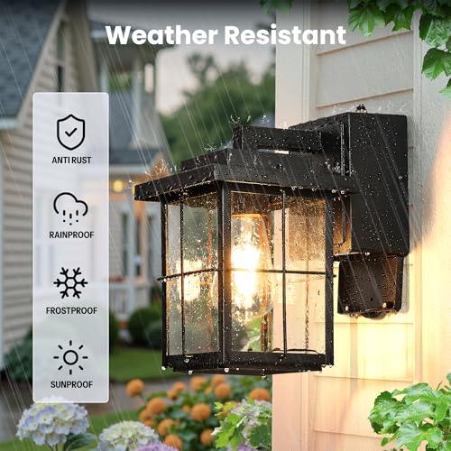 Image of Gleamz Outdoor Wall Light Dusk to Dawn, Black Front Porch Light with GFCI Outlet, Modern Exterior Lighting Fixtures with Outlet, Exterior Wall Sconce Wall Mount, Outside Lantern Lights with E26 Sockt