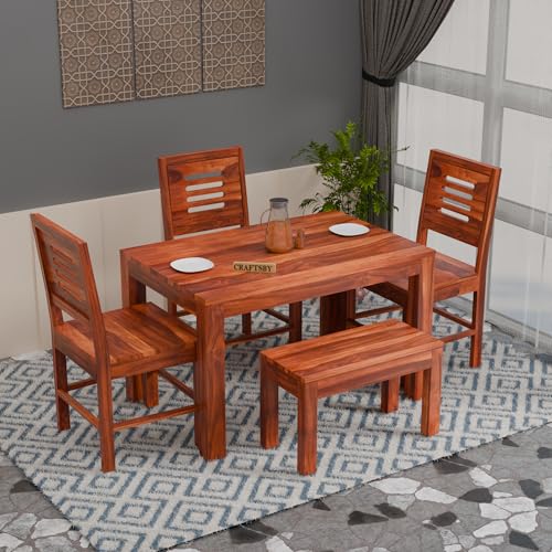 Image of 45 Inch Length Solid Sheesham Wood 4 Seater Dining Table Set | Four Seater Dinner Table with 3 Chairs & 1 Bench | Dinning Table Set 4 Seater for Living Room | Honey Finish