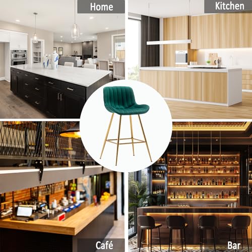 Image of Sidanli Counter Height Bar Stools Set of 2, Modern Velvet Barstools with Back, 24 inch Seat Height Comfortable Island Stools with Gold Legs, Green