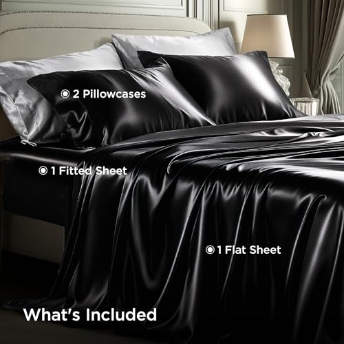 Image of Bedsure Black Satin Sheets Full Size, Soft Silky Bedsheets for Hair & Skin