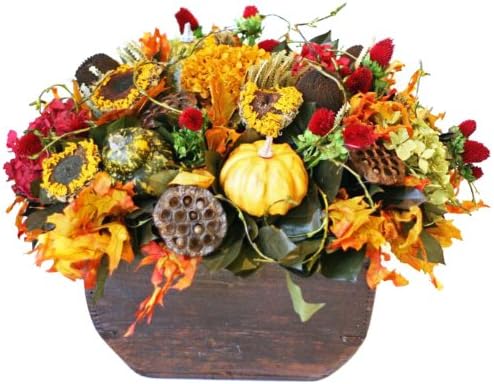 Harvest Floral Arrangement in Antique Wood Rice Bucket