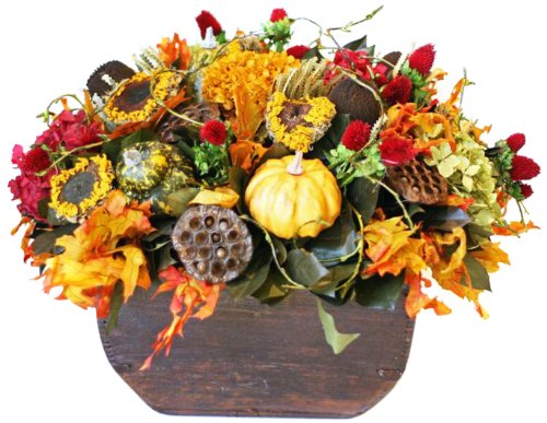 Harvest Floral Arrangement in Antique Wood Rice Bucket