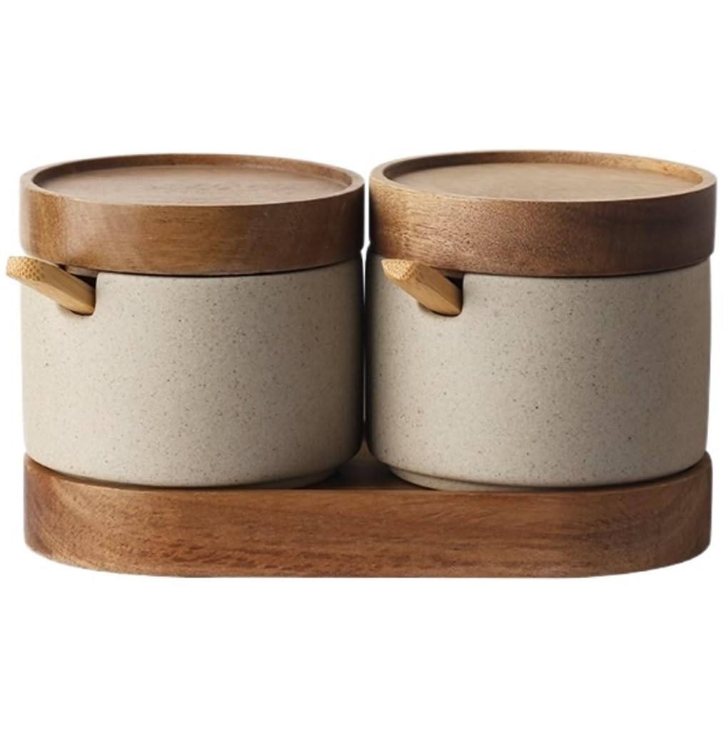 BCJMKDX Fermenter. Vintage Ceramic Condiment Container With Lid And Spoon Spice Jar Set For Salt Sugar(2pieces)