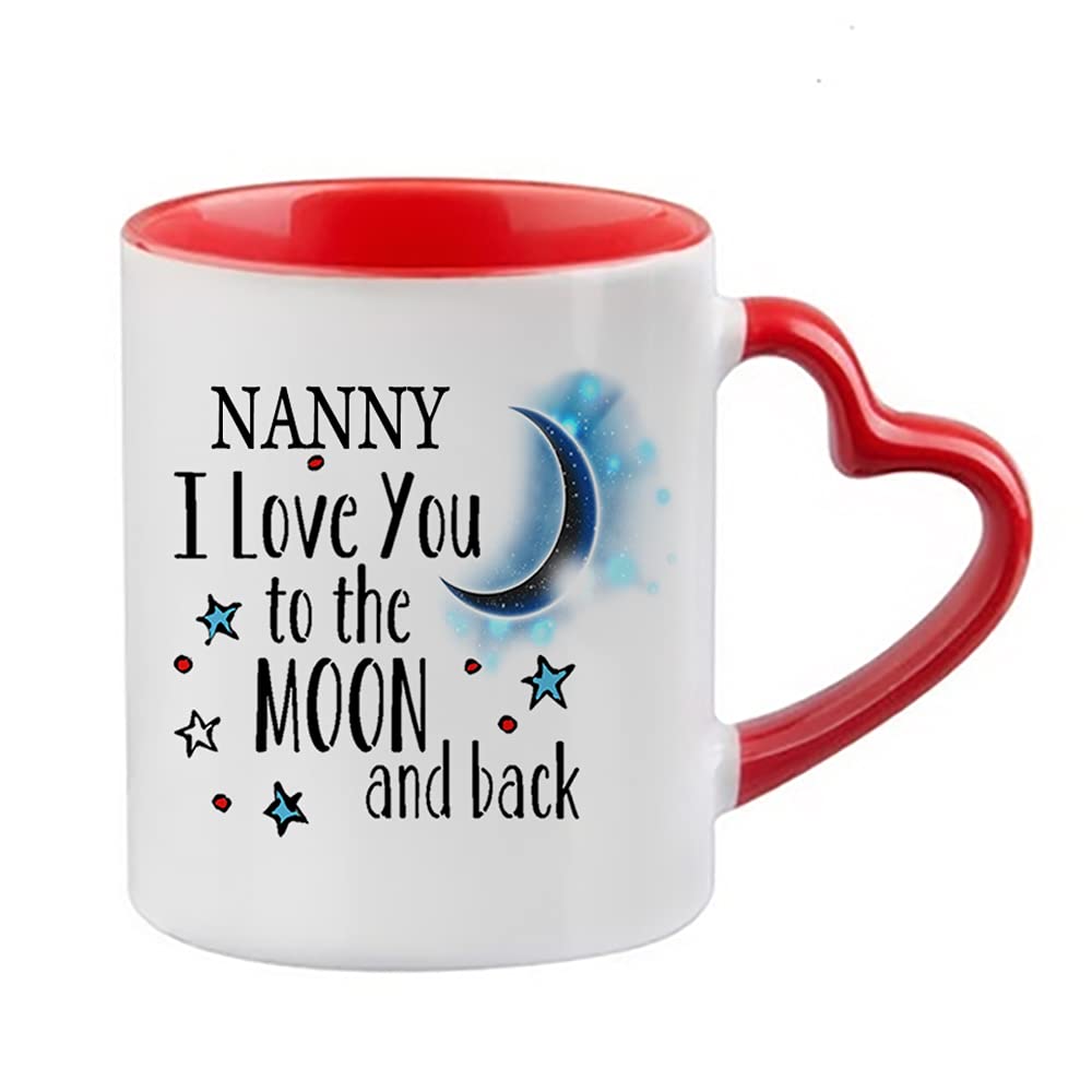 Giftme Mothers Day Themed Nanny I Love You to The Moon & Back Secret Santa Birthday Coffee Tea Mug Unique Heart Handle Ceramic Mug. (Red Heart Handle Mug)