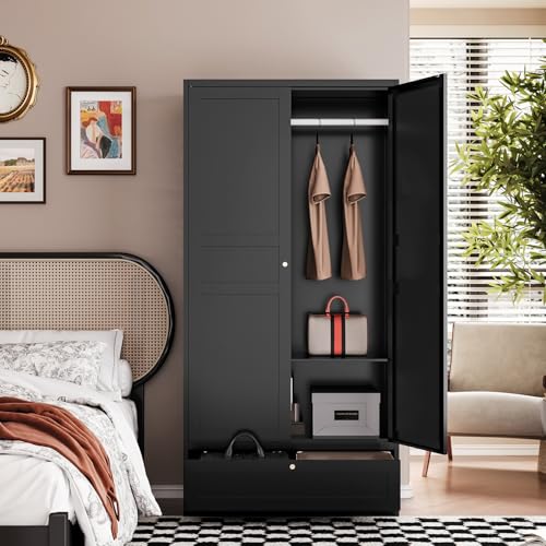 Image of Letaya Metal Wardrobe Cabinets,18 inch Deep Clothing Storage Cabinet with Doors and Shelves,for Home Room,Fire Department, School, Employee,Gym,Government (Black)