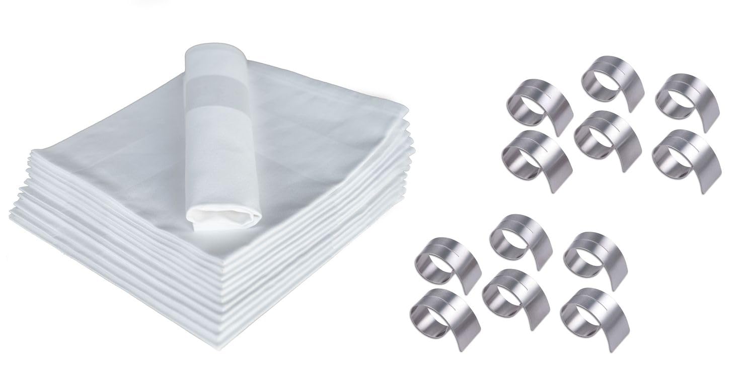 12 Stück Stoffservietten 40 x 40 cm mit 12 Serviettenringen Baumwolle Vorteilspack weiß Mundtücher