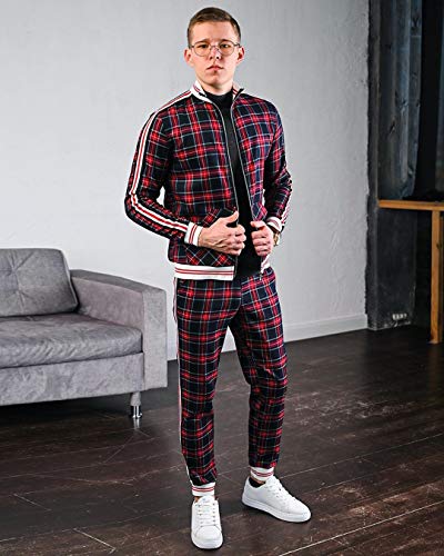 2 Piece Mens Tracksuit Outfit Plaid Long Sleeve Zipper Sweatshirt And Pants Set B-M #TOP2
