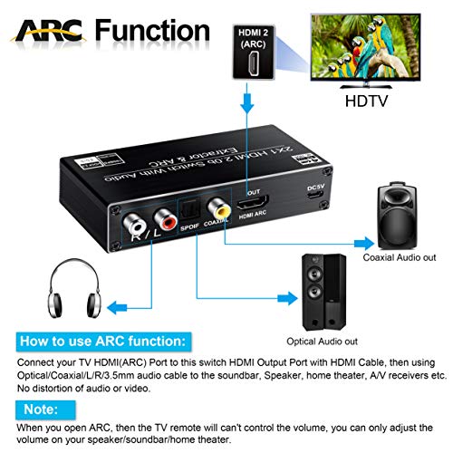 image for avedio links HDMI Switch Audio Extractor, HDMI Switch Splitter 2 Input