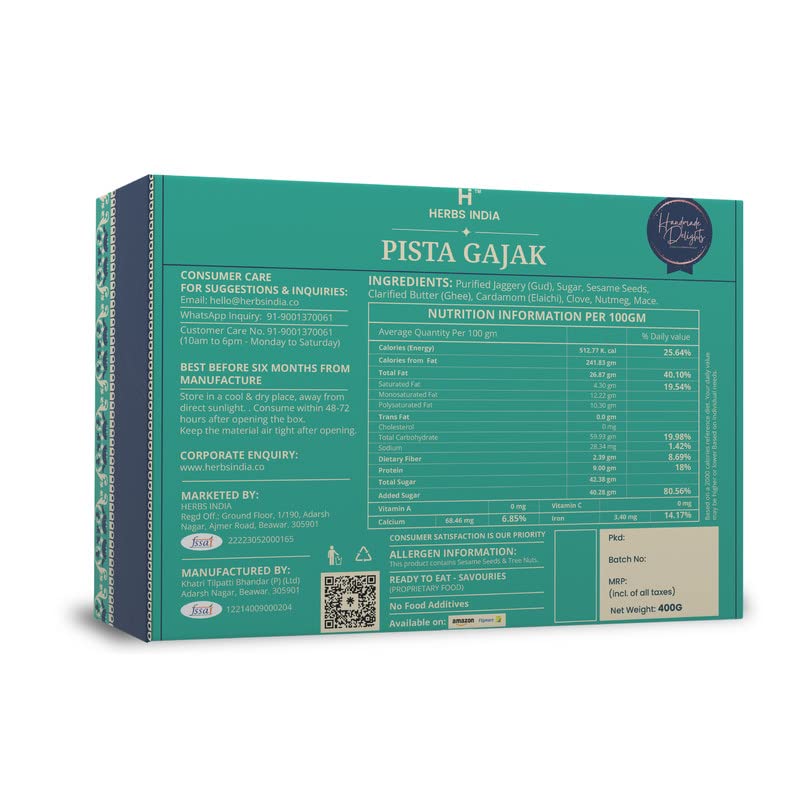 Image of HERBS INDiA Pista Gazak Rajasthani Homemade 400g | Gajjak | Jaggery Sweets | Til Gazzak | Sesame Chikki Snacks | No Added Preservatives and Colours|for Any Occasion