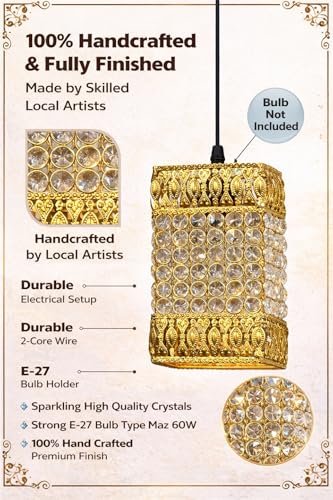 Image of Modern Crystal Pendant Light | Gold Hanging Ceiling Lamp with Crystal Beads | Luxury Decorative Chandelier Light for Living Room, Bedroom, Dining Area (Regal Crystal Tower)