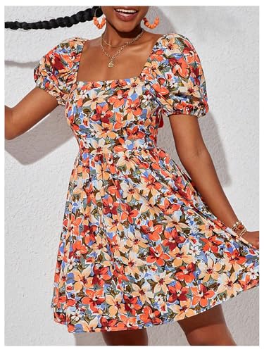 Floerns Girl's Floral Bow Backless Flowy Dress Square Neck Puff Sleeve Short Dresses4