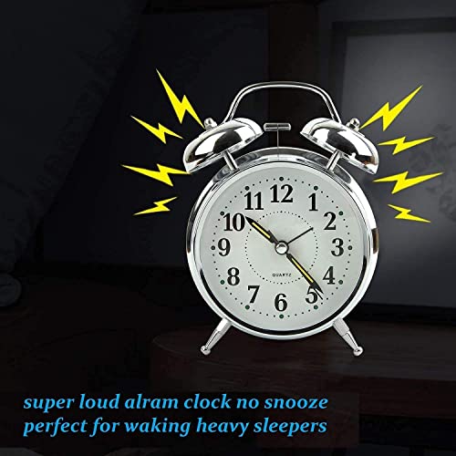 Image of Vintage Classic Twin Bell Table Top Alarm Clock, Silver, with LED Night Light Display, for Bedroom, Adults, Kids and Students